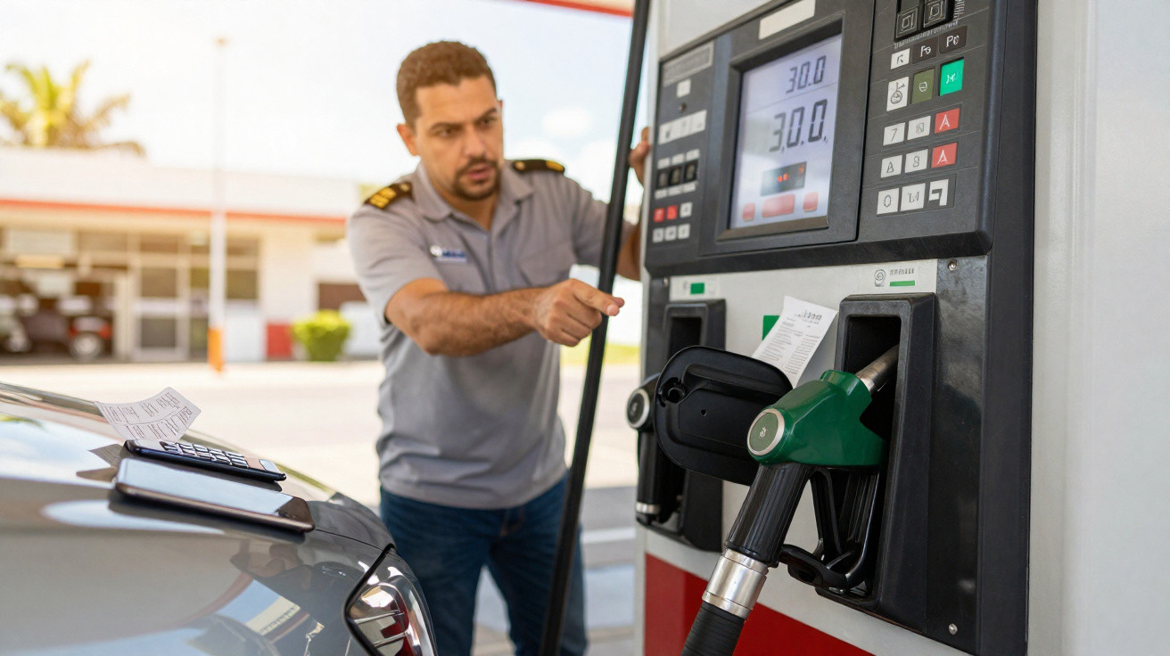 Man in uniform operating a fuel pump at a petrol station with receipts on car bonnet and pump display.