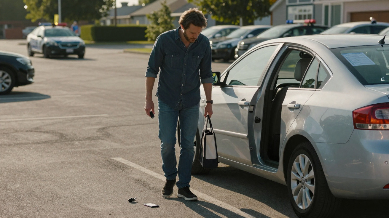 Man standing by open car door in parking lot, looking down at phone and keys on the ground.