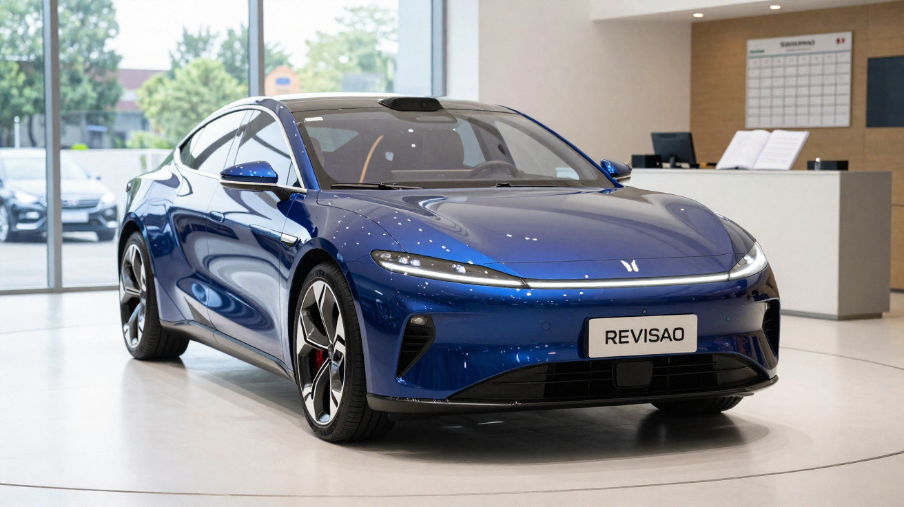 Blue sleek electric sports car displayed indoors with modern design and polished surface under bright lighting