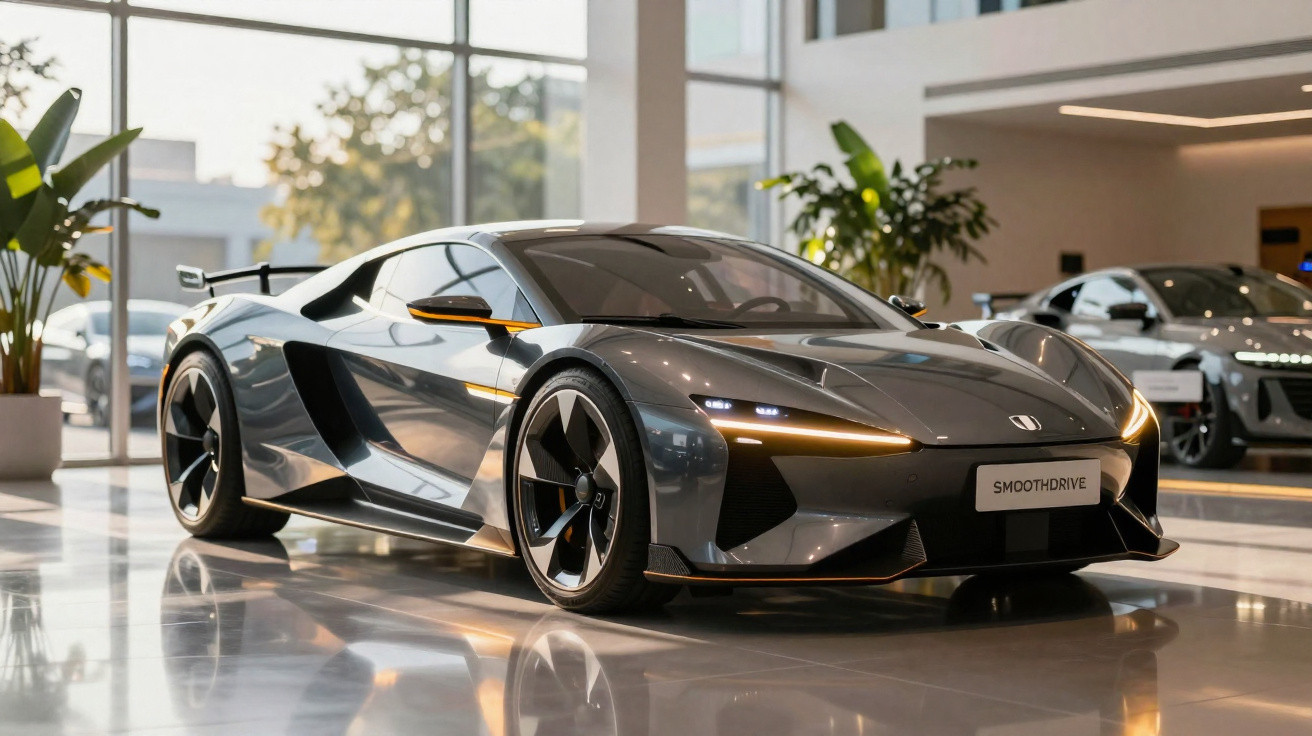 Sleek dark grey electric sports car with modern lights displayed in a bright showroom with plants and other vehicles.