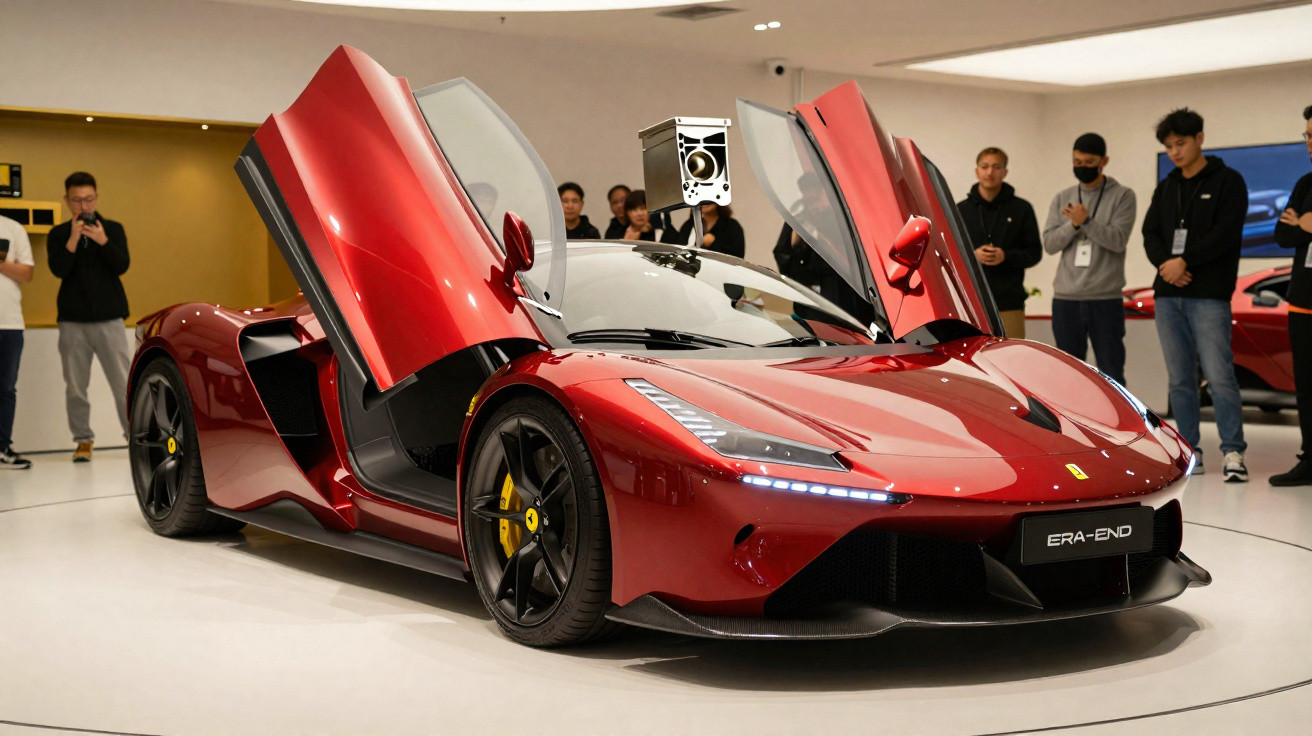 Red Ferrari Era-End sports car with butterfly doors open displayed indoors with spectators in the background.