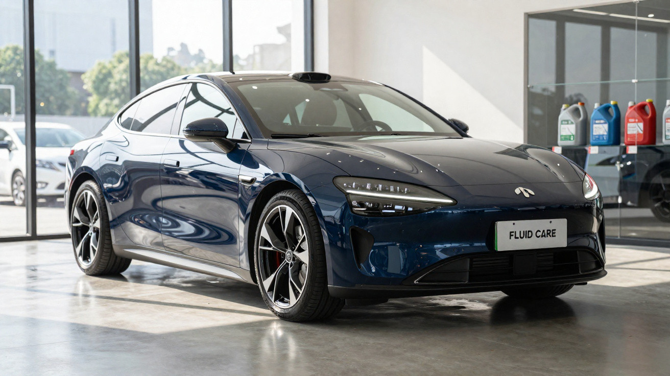 Dark blue modern electric car parked indoors with polished floor and large glass windows in background.