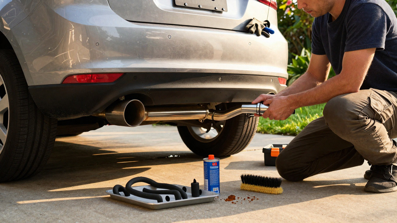 Person installing a new exhaust pipe on a car parked on a driveway with tools nearby.