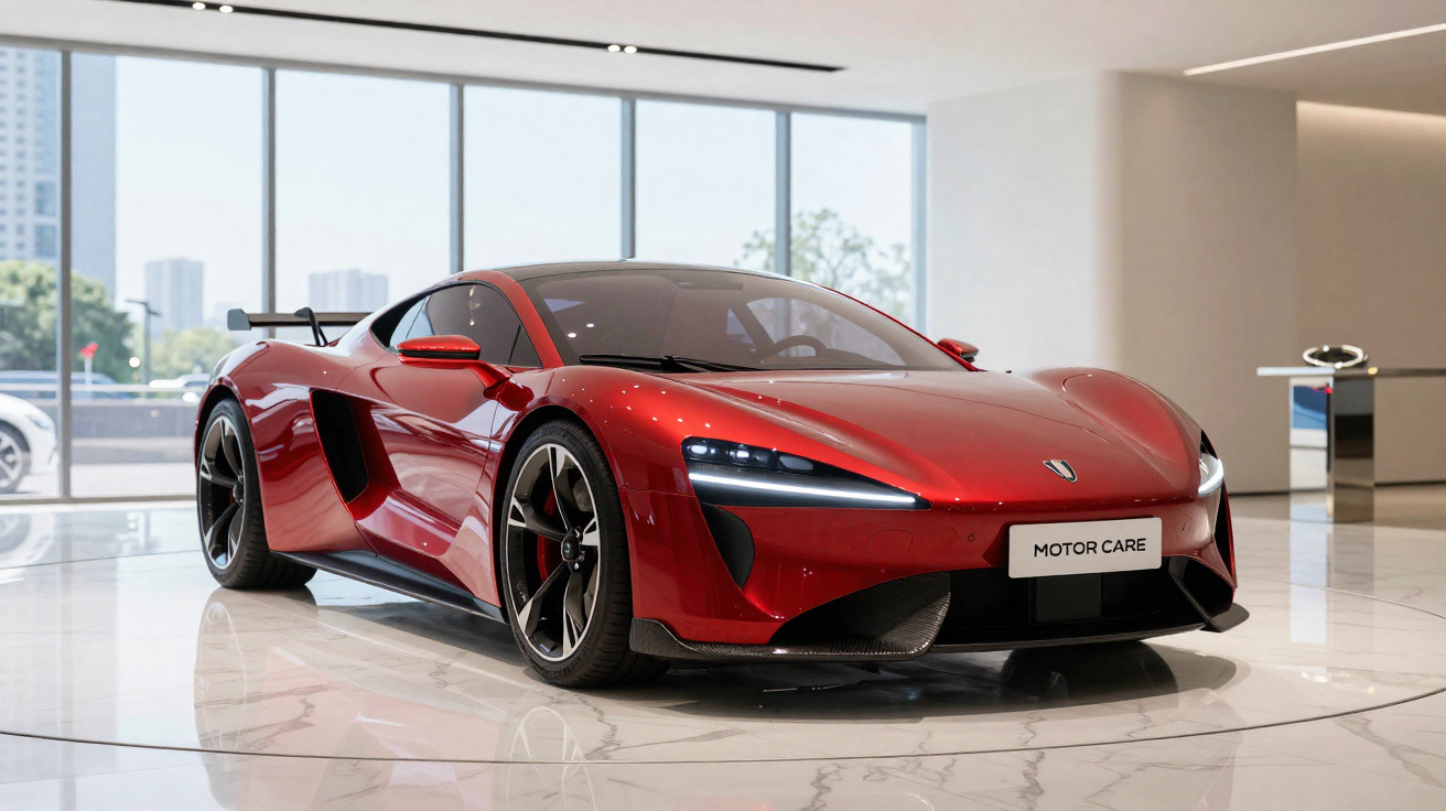 Sleek red sports car with aerodynamic design and LED headlights displayed in a modern showroom.