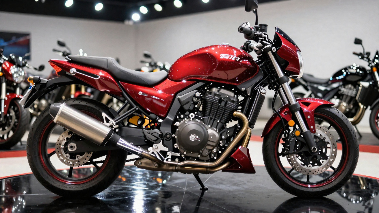 Shiny red sports motorcycle on display stand in a showroom with other bikes in the background.