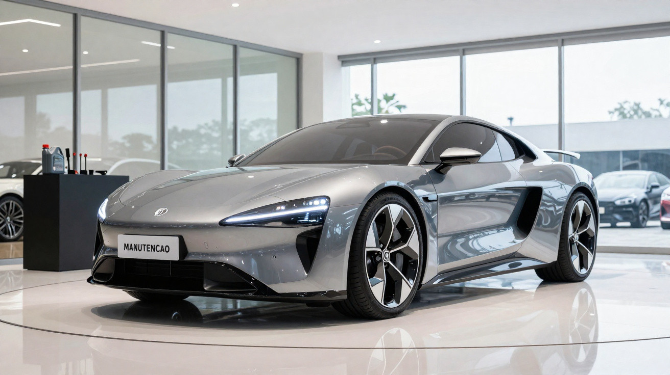 Sleek silver sports car with LED headlights displayed in a modern showroom with large windows.