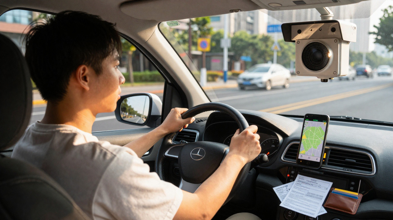 Young man driving a car with a smartphone navigation app mounted on the dashboard during daytime.