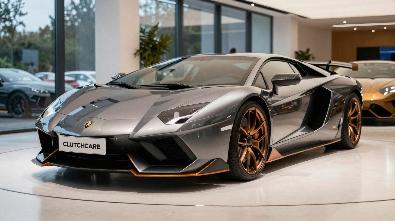 Grey Lamborghini Aventador sports car with bronze wheels displayed indoors on a showroom floor