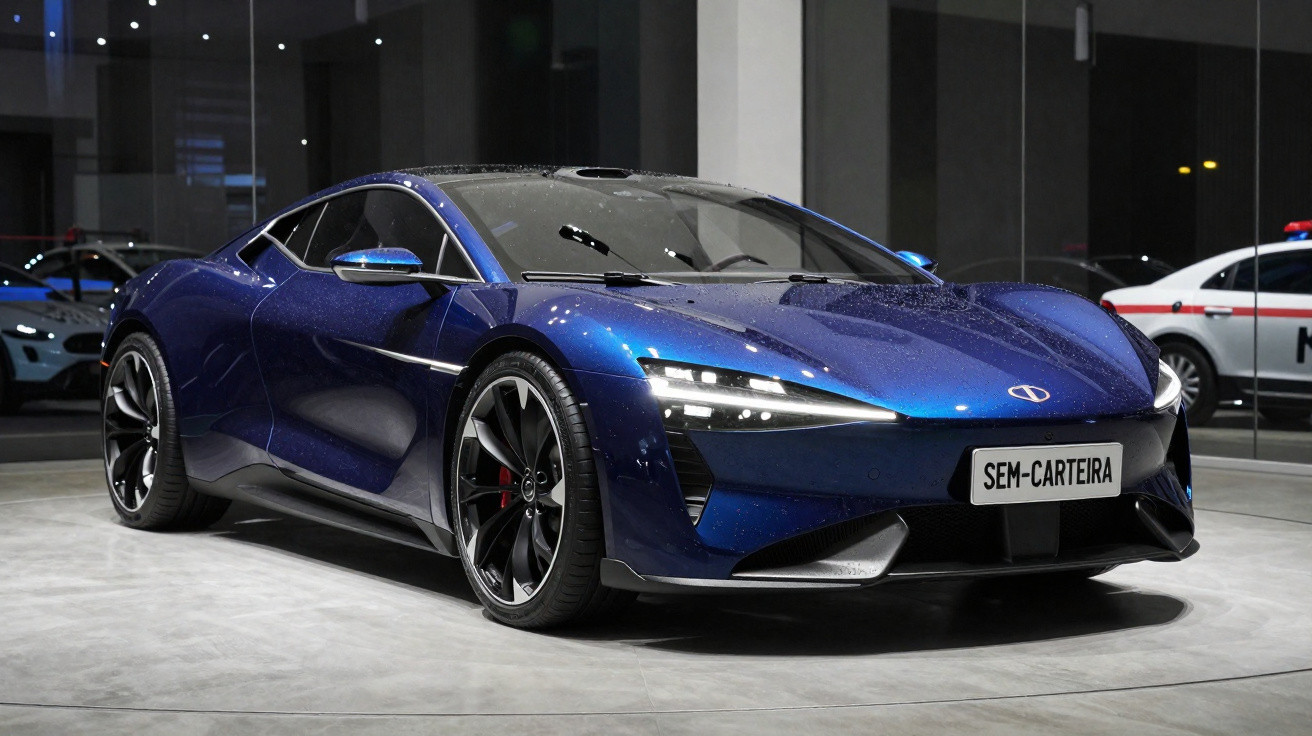 Blue sleek modern sports car with sharp headlights parked indoors on grey floor with reflective black glass walls.