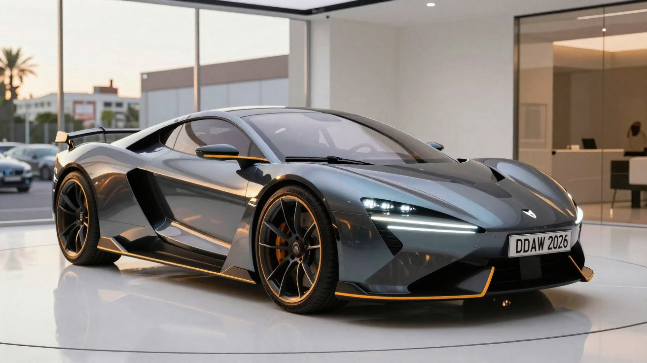 Sleek metallic grey sports car with illuminated headlights displayed indoors on shiny floor.