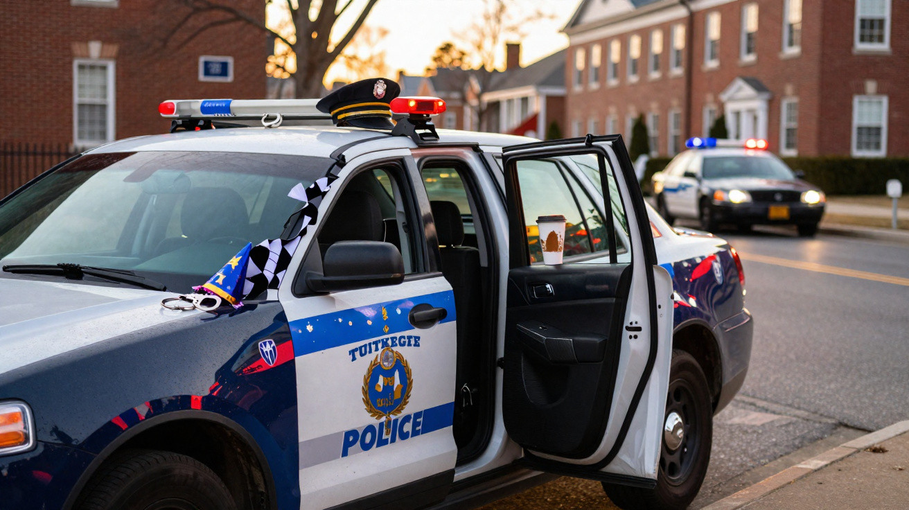 Police car with open door and hat on roof, decorated with party items, parked on suburban street at dusk.
