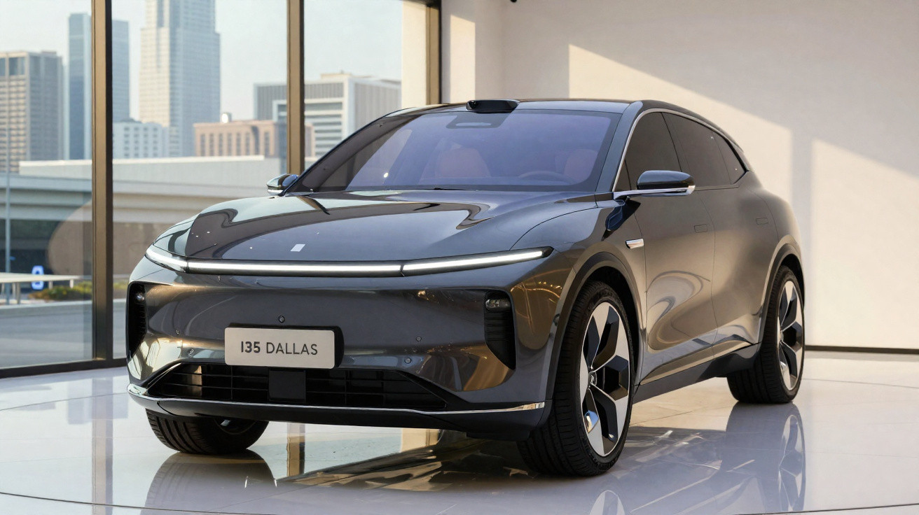 Black sleek electric SUV parked indoors near large windows with cityscape view in the background.