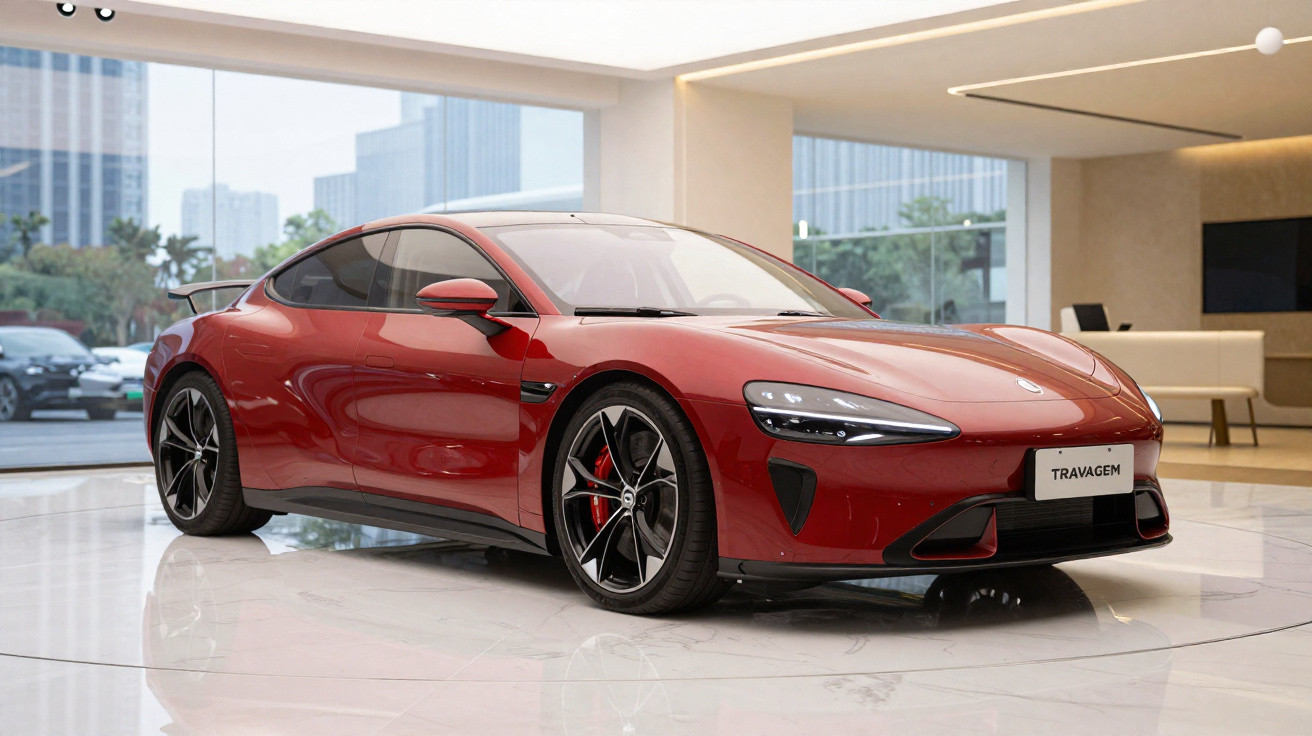 Sleek red Travagem sports car displayed in a modern showroom with large windows and cityscape background.