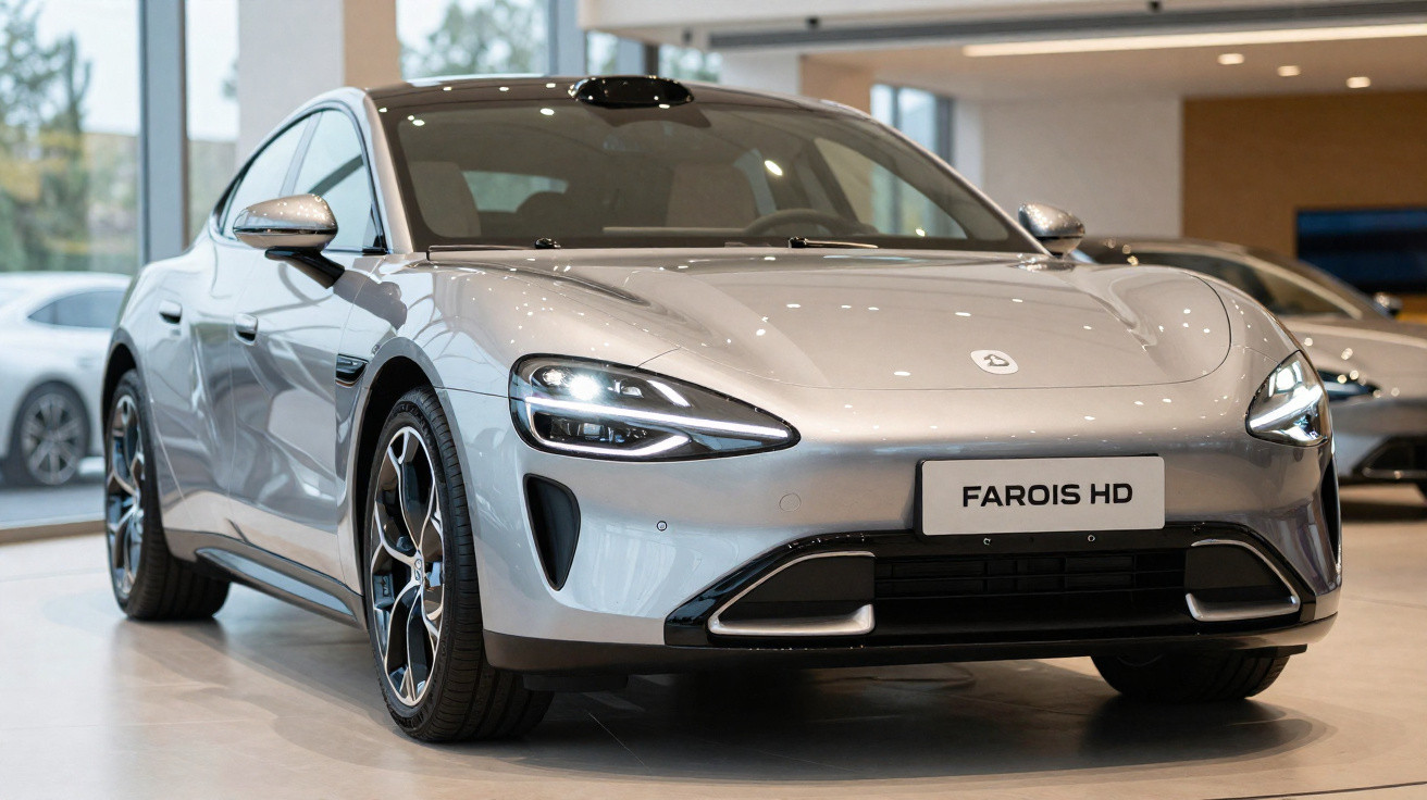 Silver modern electric sports car displayed indoors with illuminated headlights and aerodynamic design.