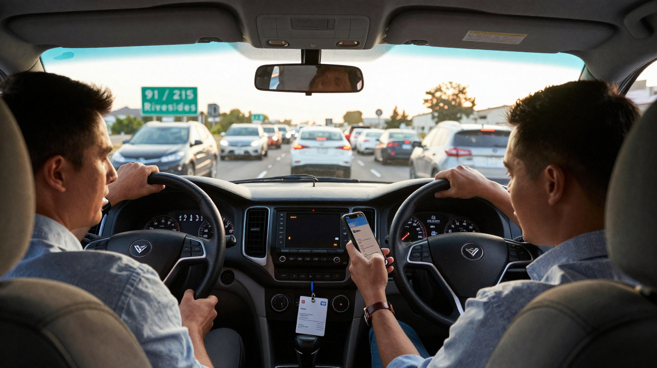 Two men in a car stopped in traffic, one driving and the other holding a smartphone on a busy highway.
