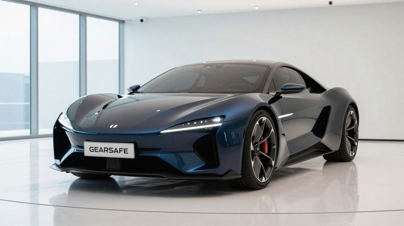 Sleek dark blue sports car with sharp headlights and aerodynamic design displayed in a modern showroom.