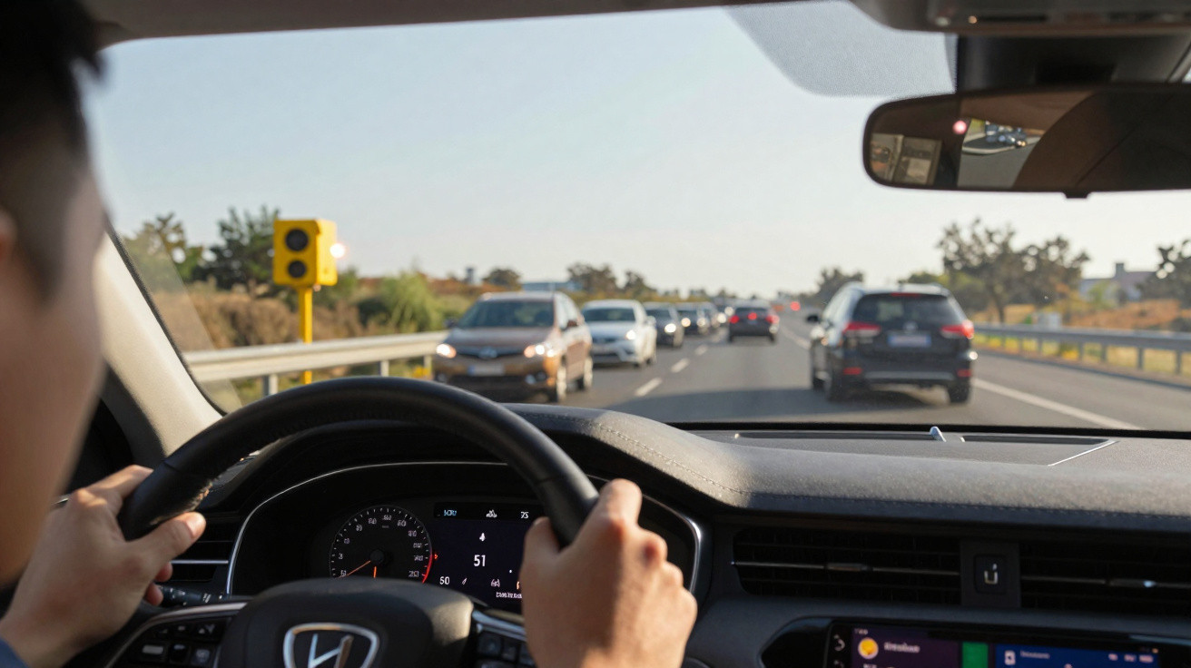 View from inside a car showing the driver holding the steering wheel and traffic on a sunny highway ahead.