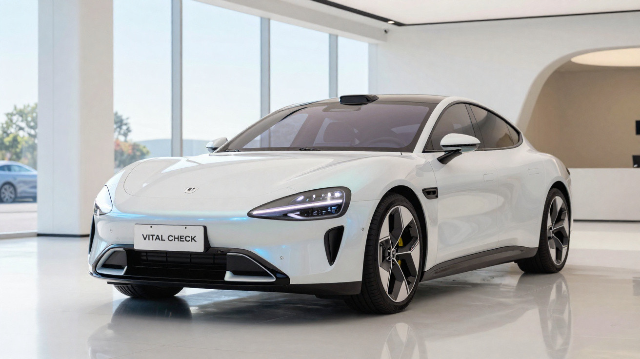 White sleek electric sports car displayed indoors with curved roof and modern LED headlights