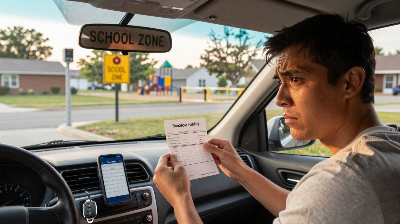 Man sitting in car holding a school holiday notice in a school zone with warning signs outside.