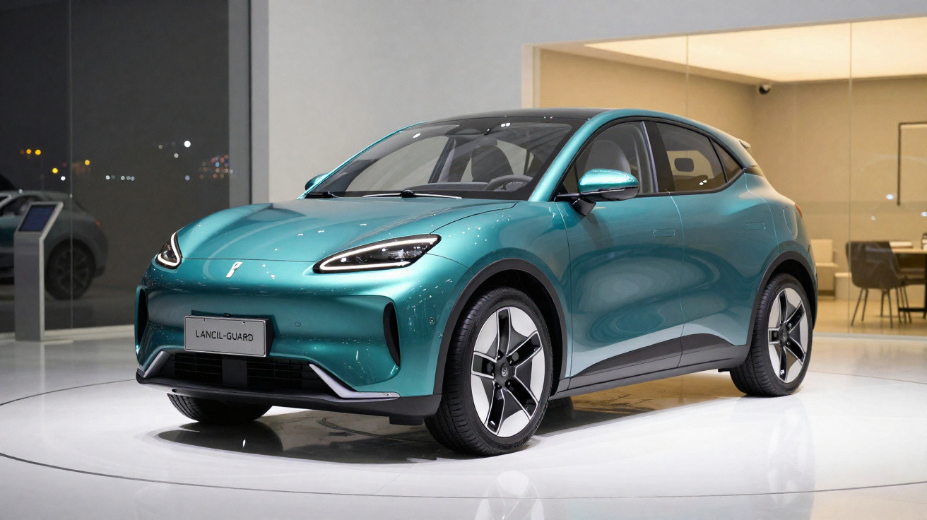 Teal electric crossover car displayed indoors on a white circular platform with a modern showroom background.