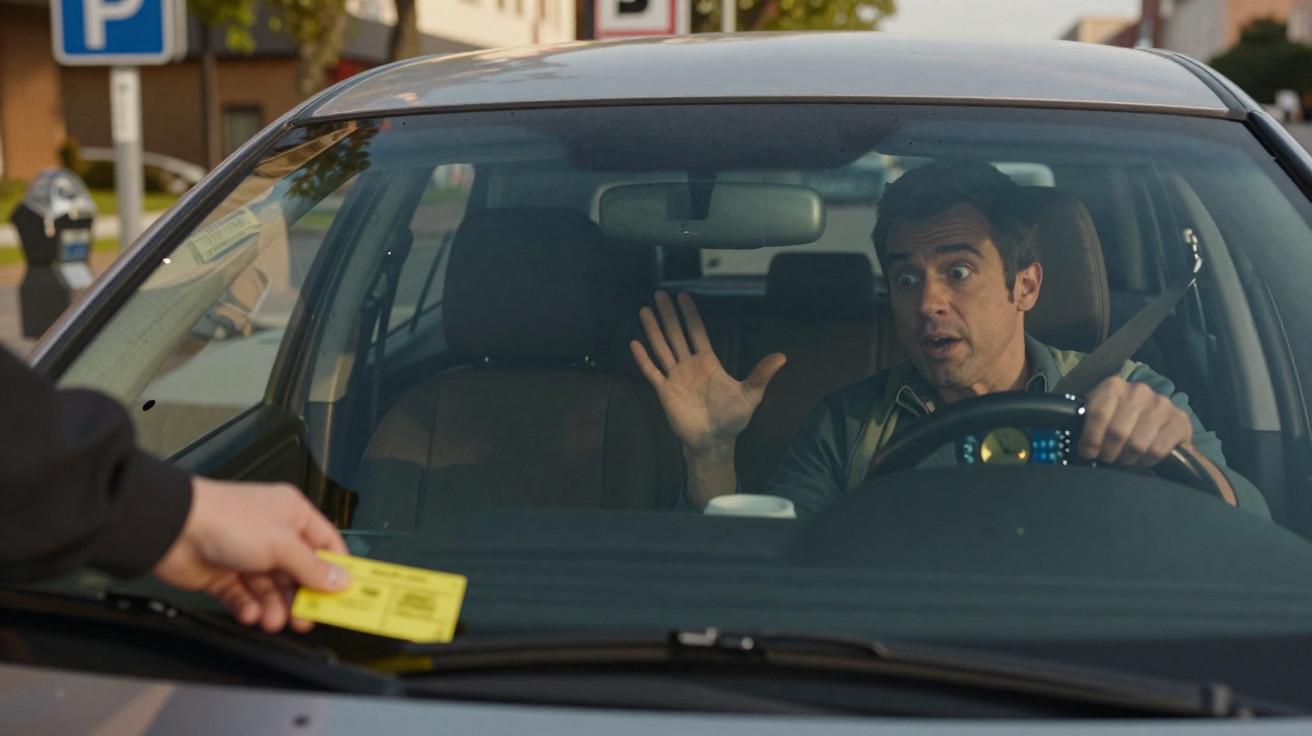 Driver inside a parked car looks surprised as a hand places a parking ticket on the windscreen.