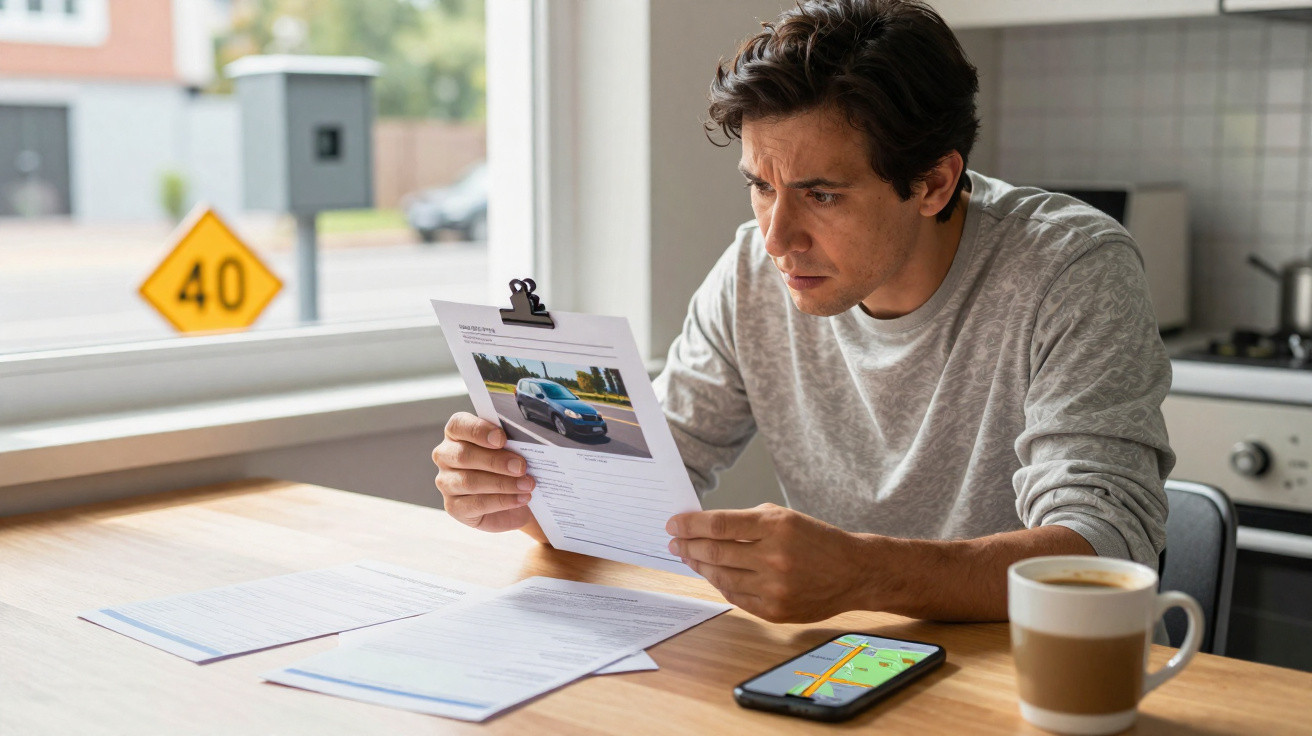 Man reviewing car information document at kitchen table with smartphone and coffee nearby