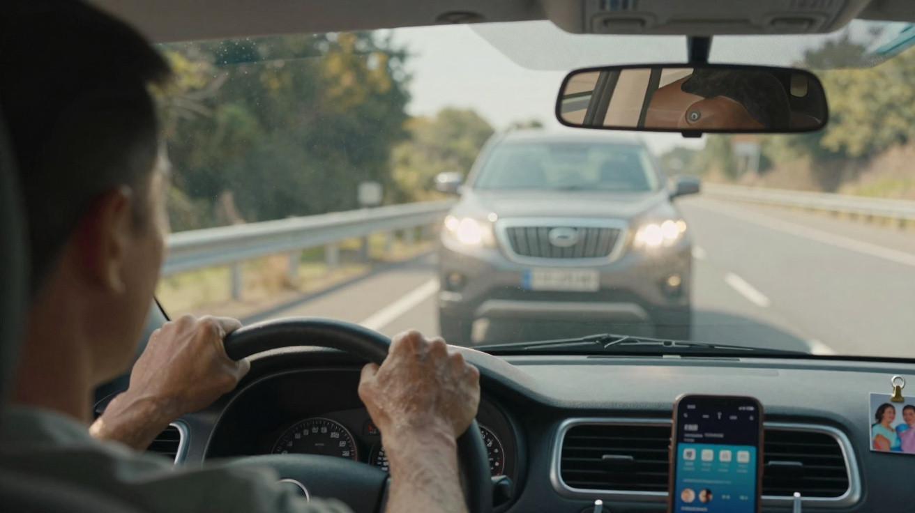 View from inside car showing a driver gripping steering wheel with a vehicle closely approaching from behind on the road.