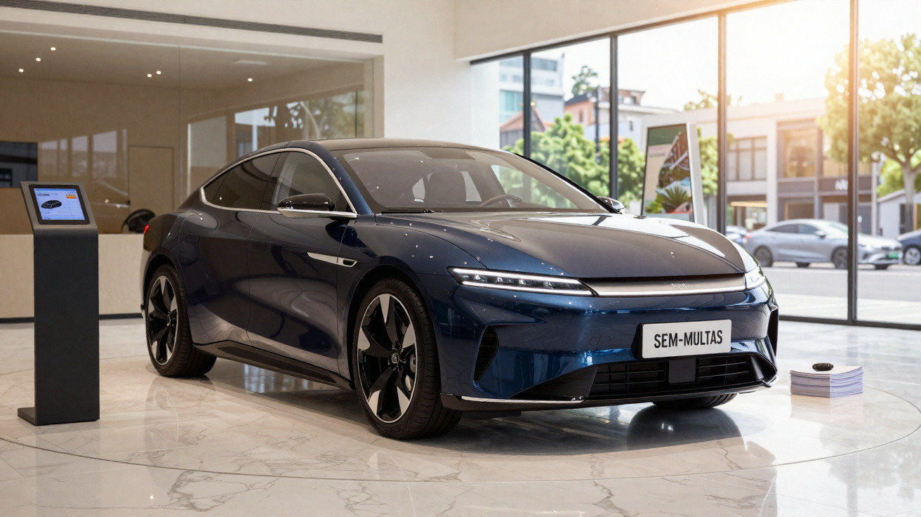 Dark blue sleek electric car displayed in a bright, modern showroom with large windows and marble floor.