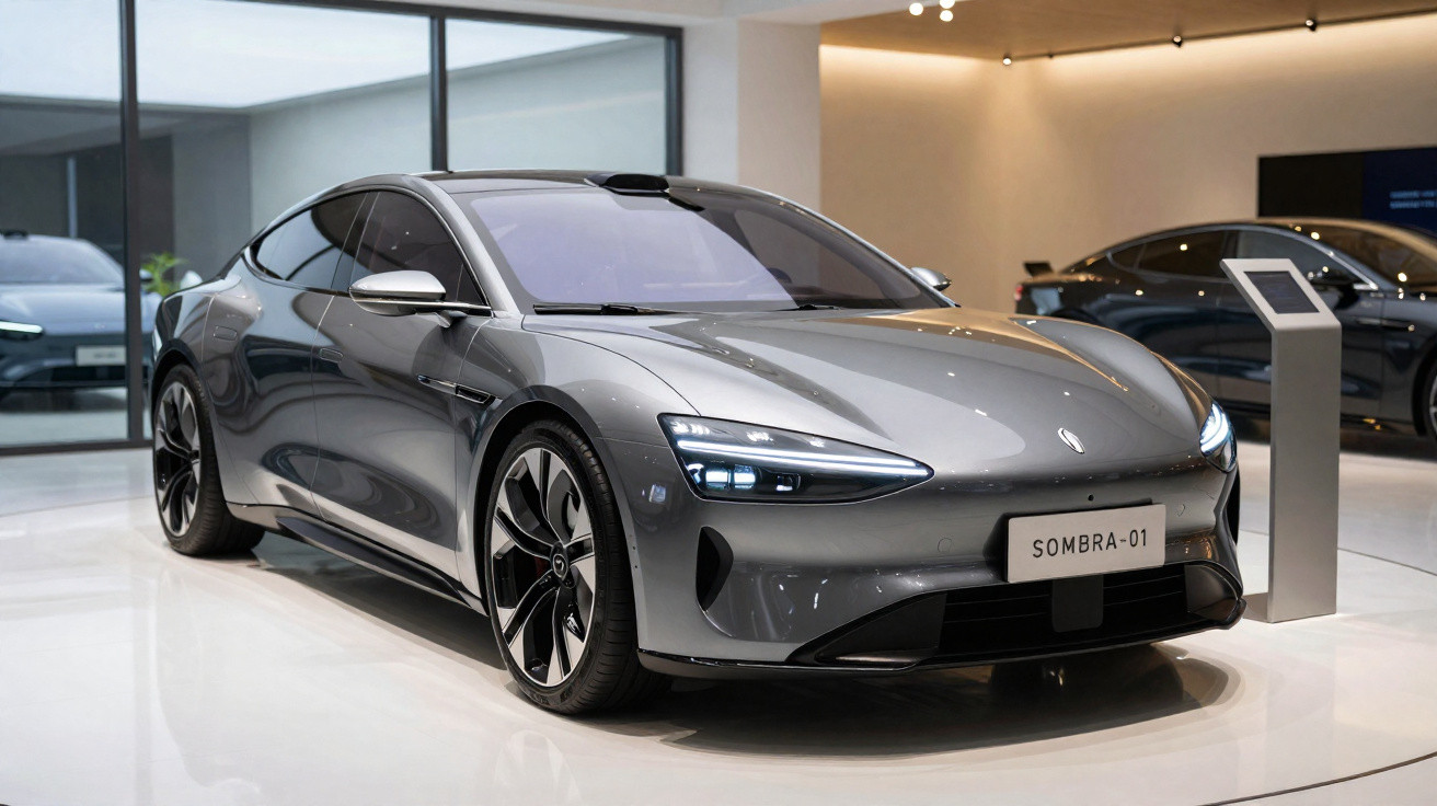 Sleek silver electric car with modern LED headlights displayed in a showroom with polished floors.
