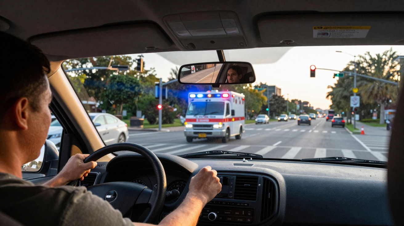 View over the driver’s shoulder of a man in a car stopping at a red light for an ambulance with flashing lights on a busy str