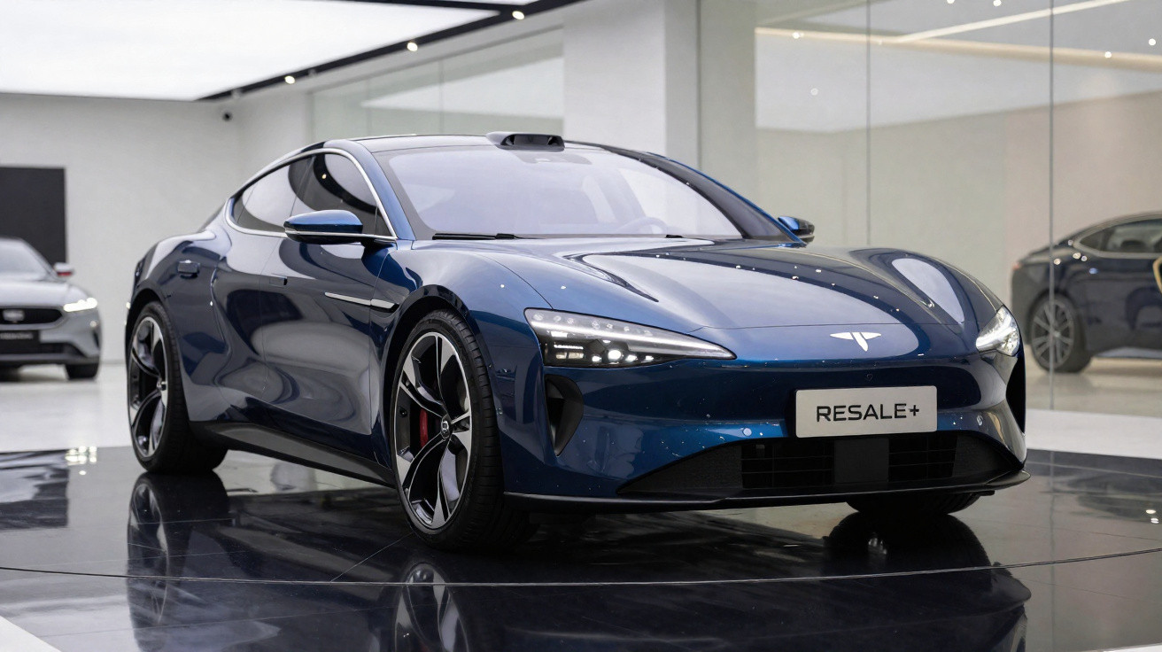 Blue electric sports car displayed indoors on glossy black floor with modern showroom background.