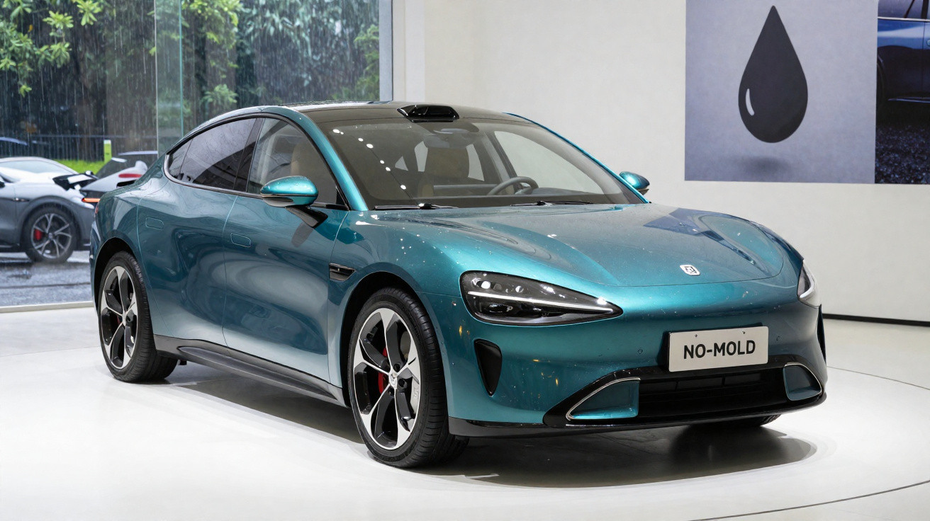 Blue electric sports car on display in a showroom with a "NO-MOLD" license plate.