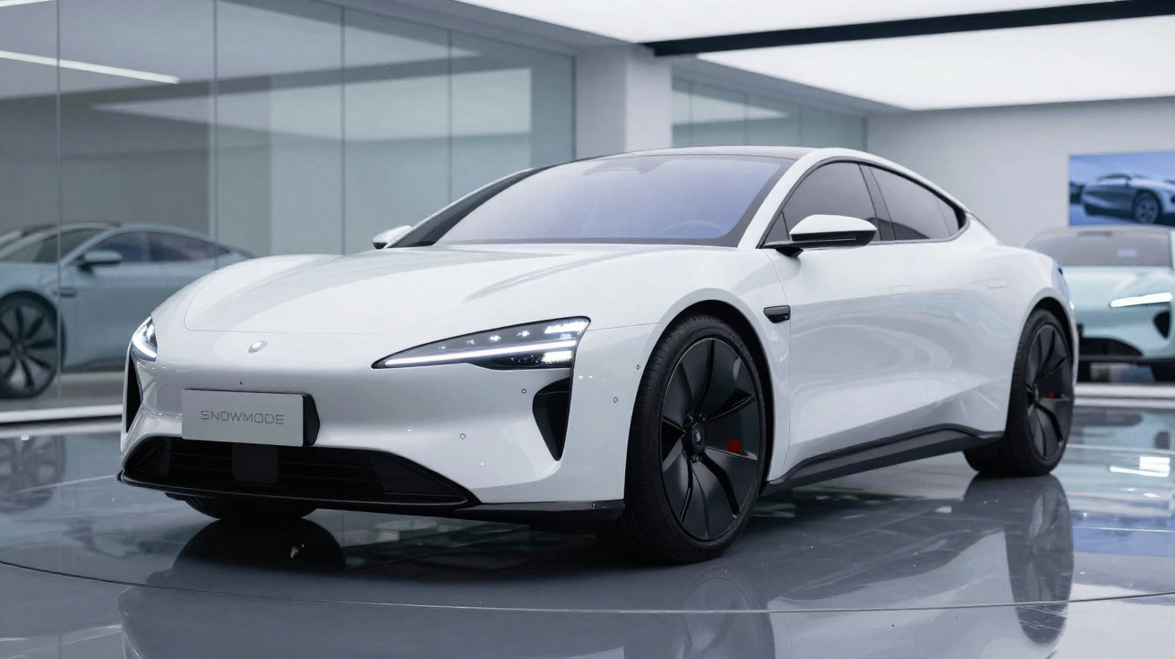 White sleek electric sports car with black alloy wheels displayed in a glossy modern showroom.