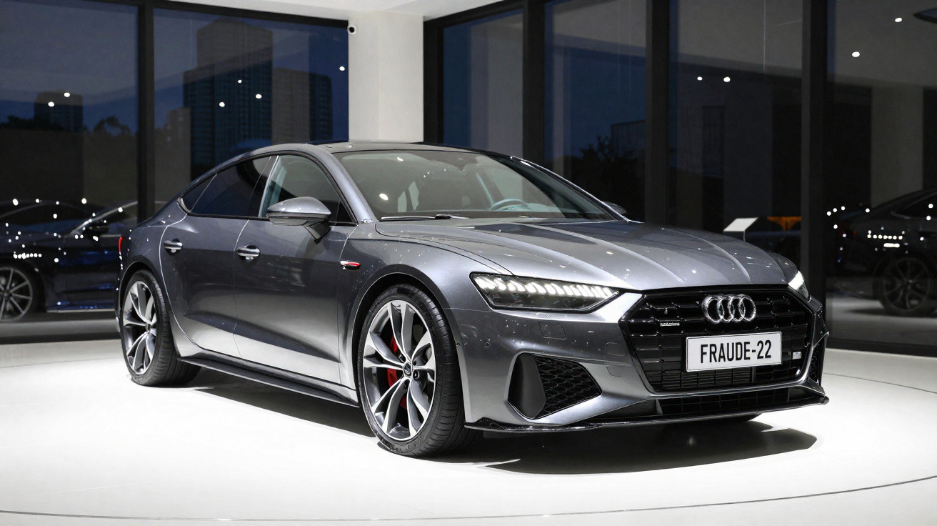 Sleek grey Audi sedan with sporty wheels displayed in a modern showroom with large glass windows at night.