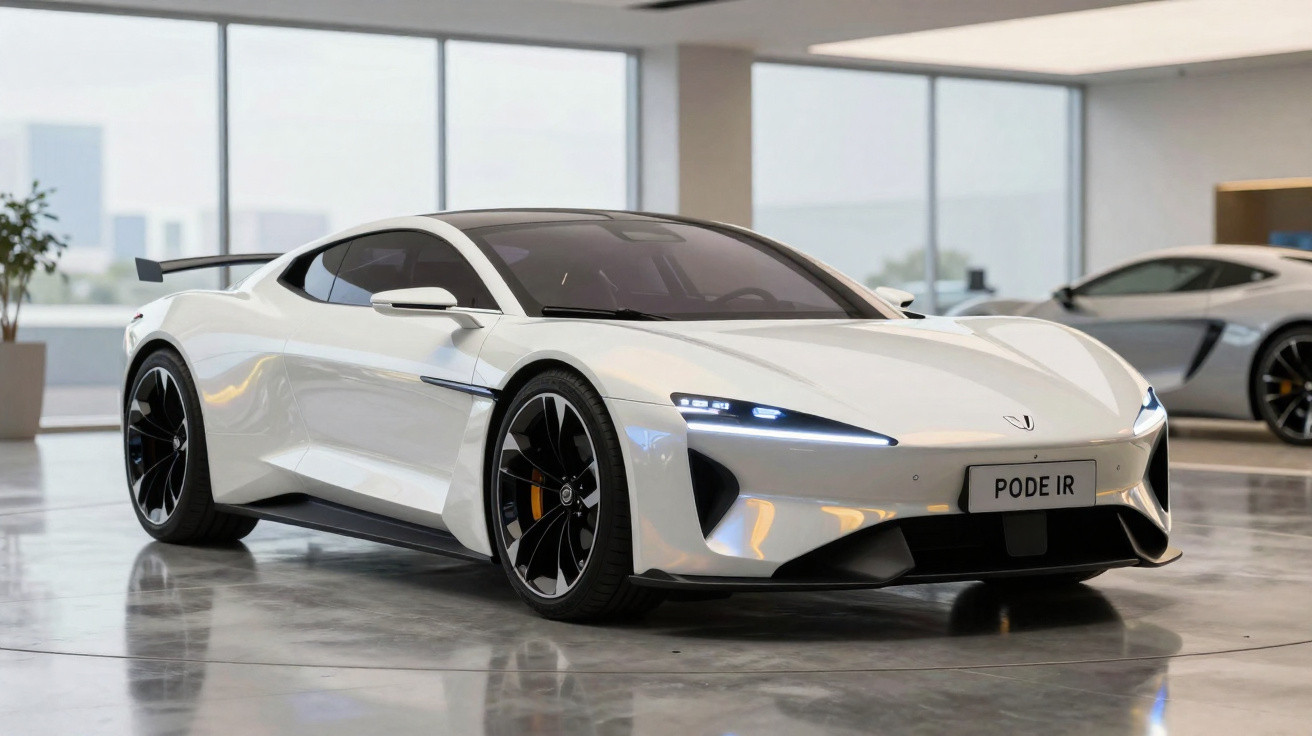Sleek white electric sports car with black rims and LED headlights parked indoors on polished concrete floor.