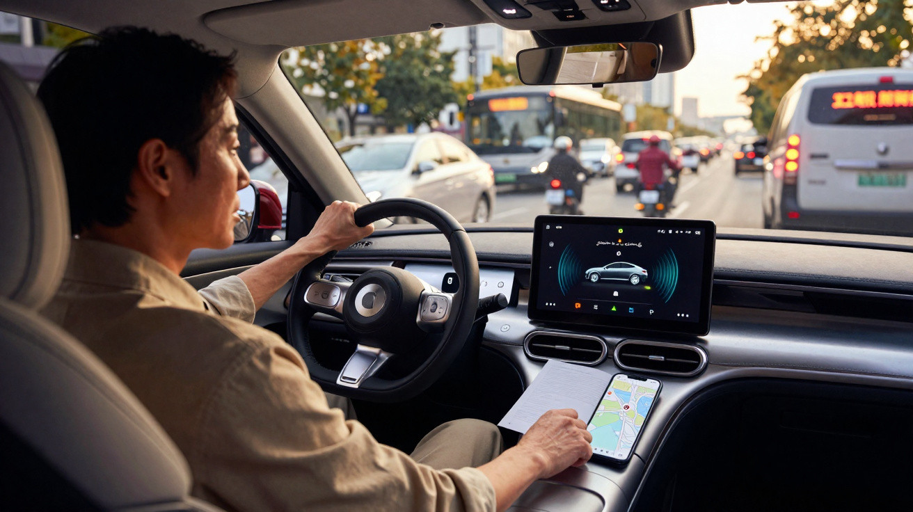 Man using a smartphone with navigation inside a modern car on a busy city road at sunset.