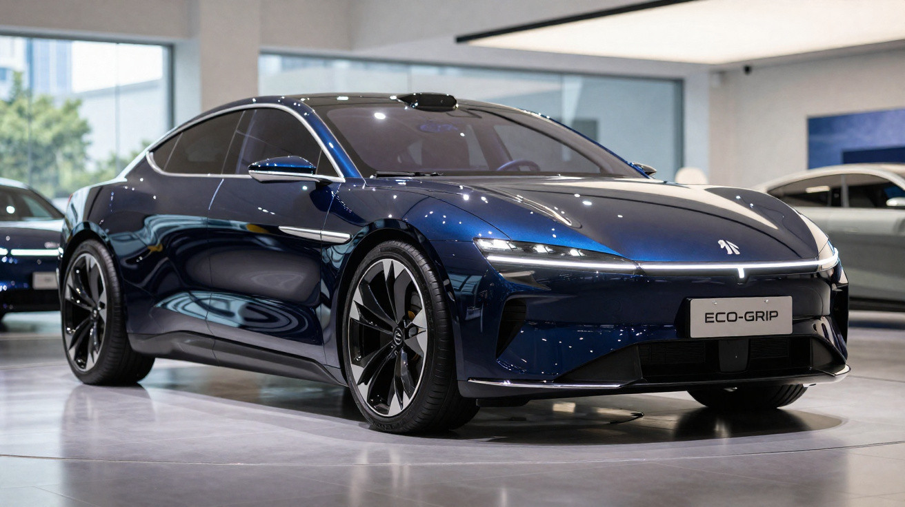 Sleek dark blue electric sports car with aerodynamic design on display in a bright modern showroom.