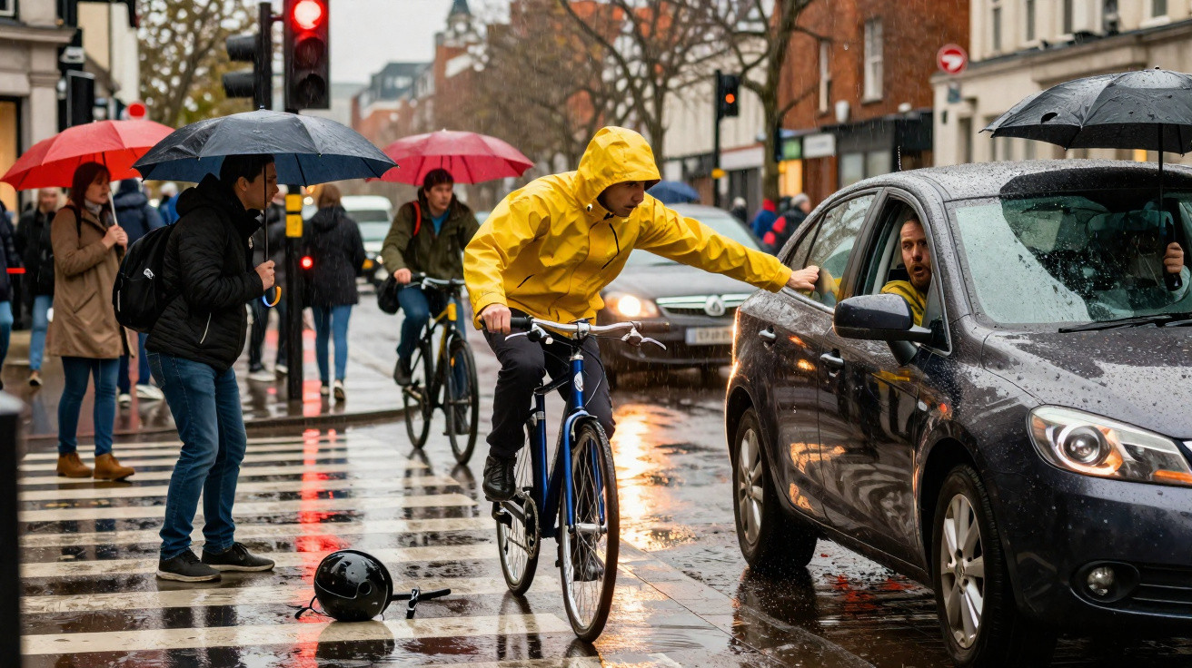 Cyclist in yellow raincoat reaching into car window on a rainy city street with pedestrians holding umbrellas.