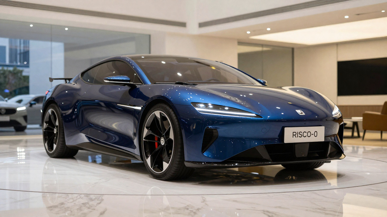 Sleek blue electric sports car RISCO-0 displayed in a modern showroom with polished marble floor.