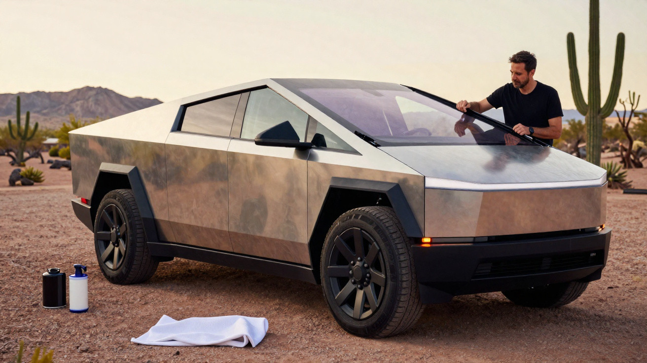 Man cleaning the windshield of a silver Tesla Cybertruck in a desert with cacti in the background.