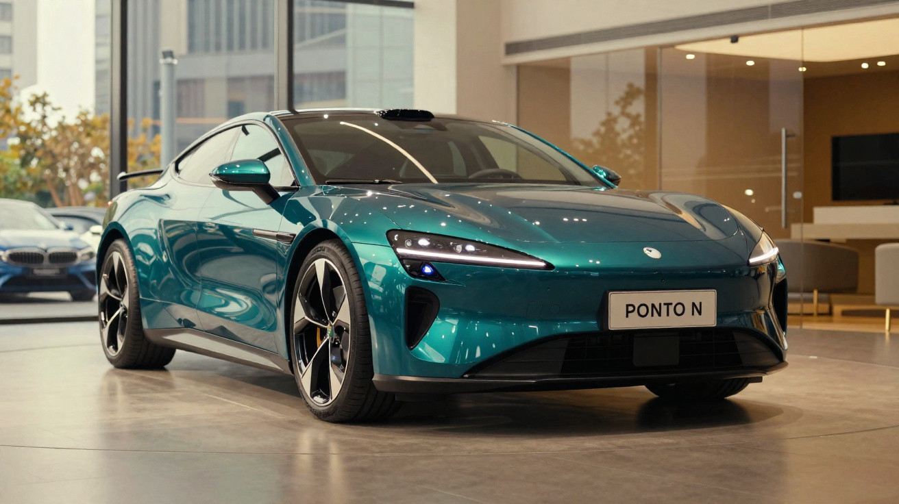 Sleek teal electric sports car with modern headlights displayed in a showroom with large windows and city view.