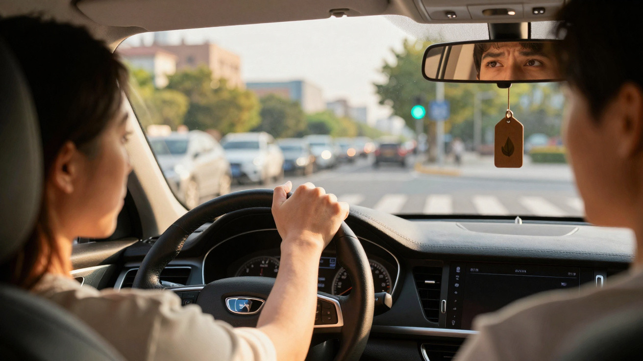 View from inside a car showing a person driving with traffic and a green light visible through the windshield.