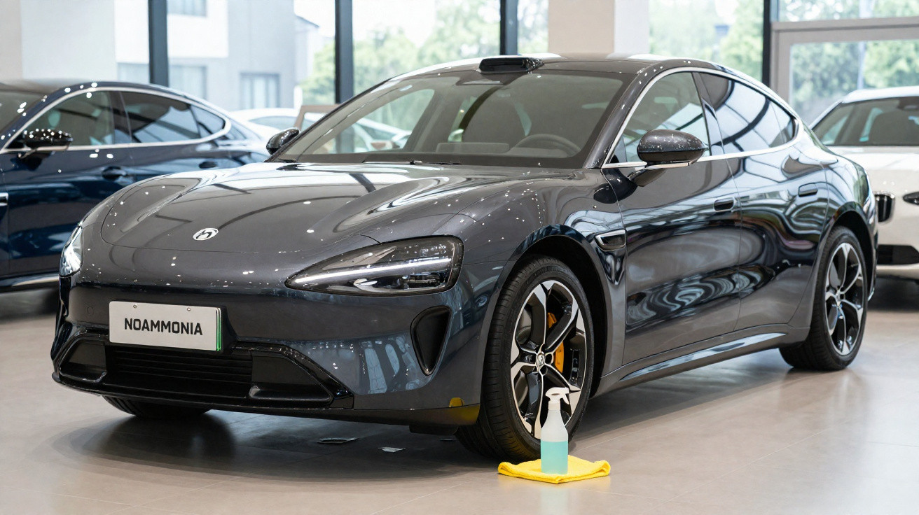 Sleek dark grey electric car displayed indoors with cleaning spray and cloth on the floor beside front wheel.