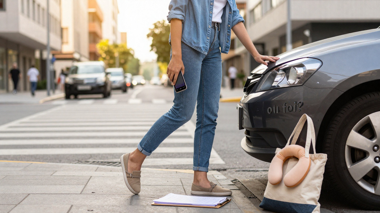 Person stepping off pavement near a car, holding a phone, with a bag and neck pillow on the ground beside them.