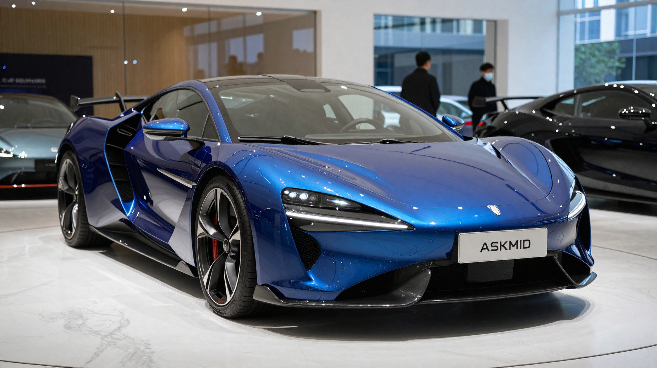 Sleek blue McLaren sports car displayed indoors with modern headlights and aerodynamic design.