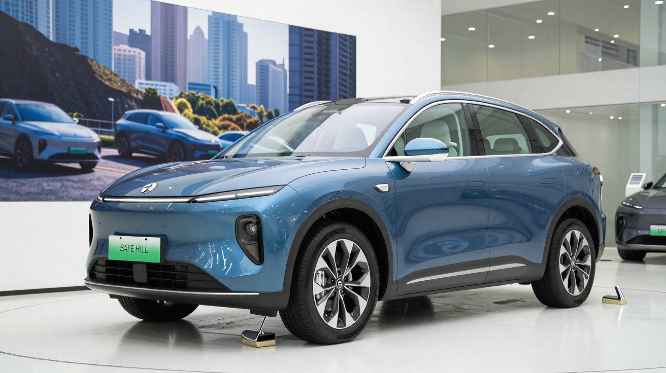 Blue electric SUV on display in a modern showroom with city skyline artwork in the background.