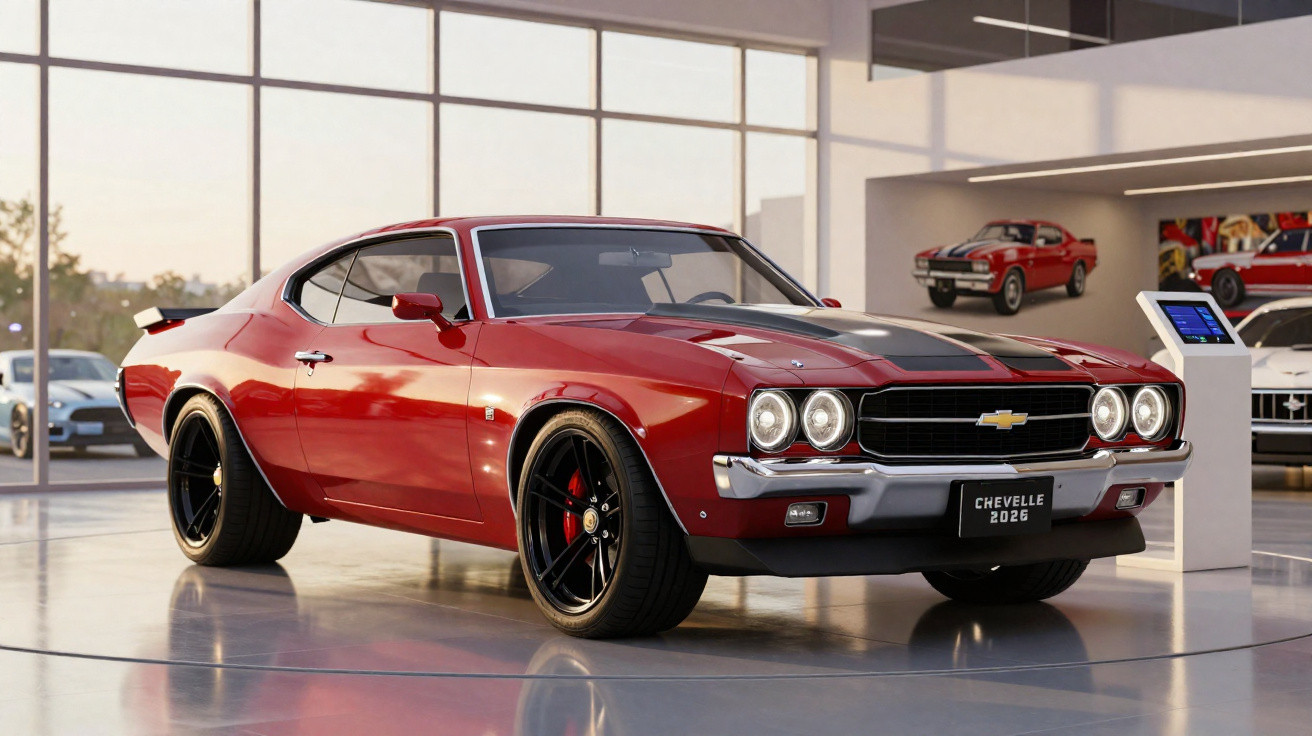 Red 1970 Chevrolet Chevelle muscle car displayed indoors with black racing stripe and modern wheels.