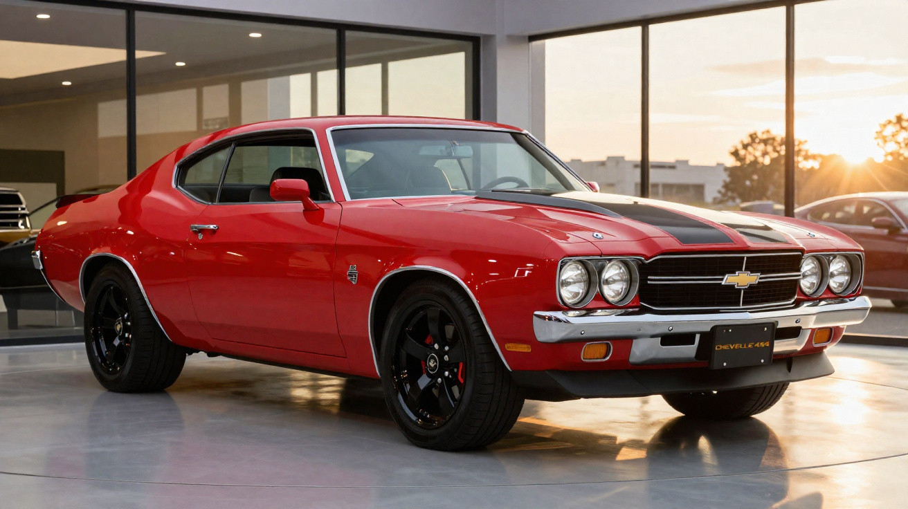 Red Chevrolet Chevelle 454 muscle car with black racing stripes parked indoors at sunset.