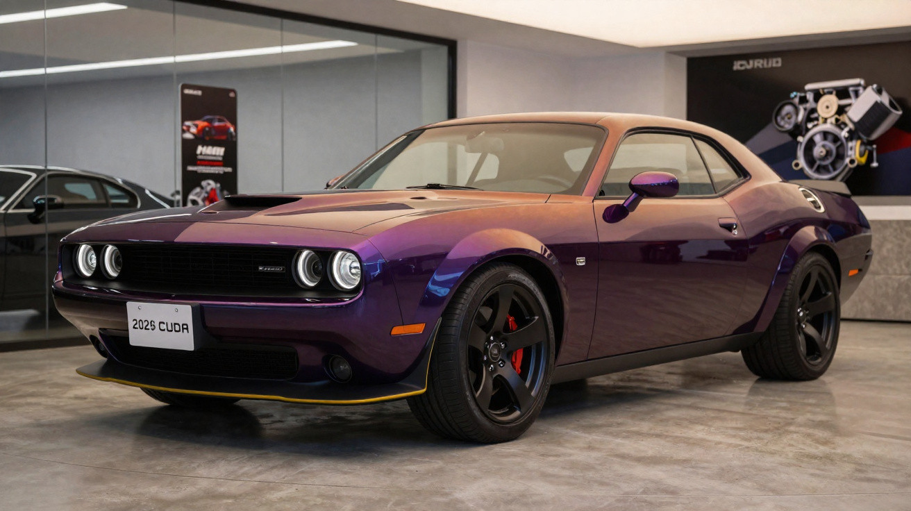 Purple 2023 Dodge Challenger muscle car parked indoors with black wheels and red brake calipers.