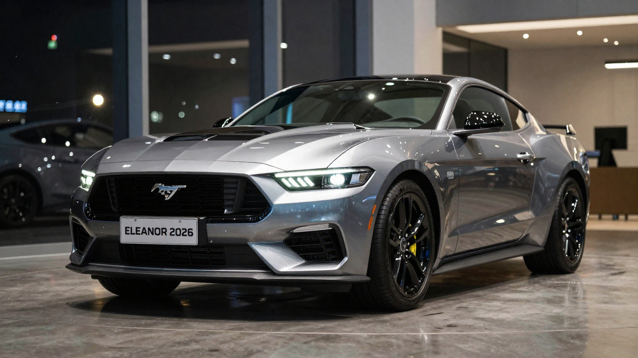 Silver 2026 Ford Mustang Eleanor sports car with black wheels displayed indoors at night.